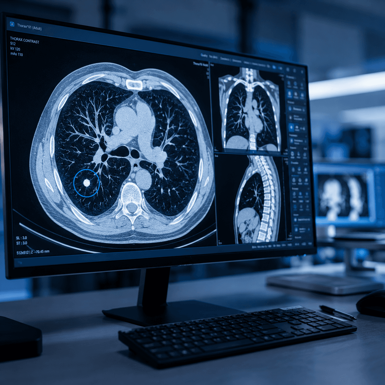 Representação editorial de avaliação de nódulo pulmonar em exame de imagem